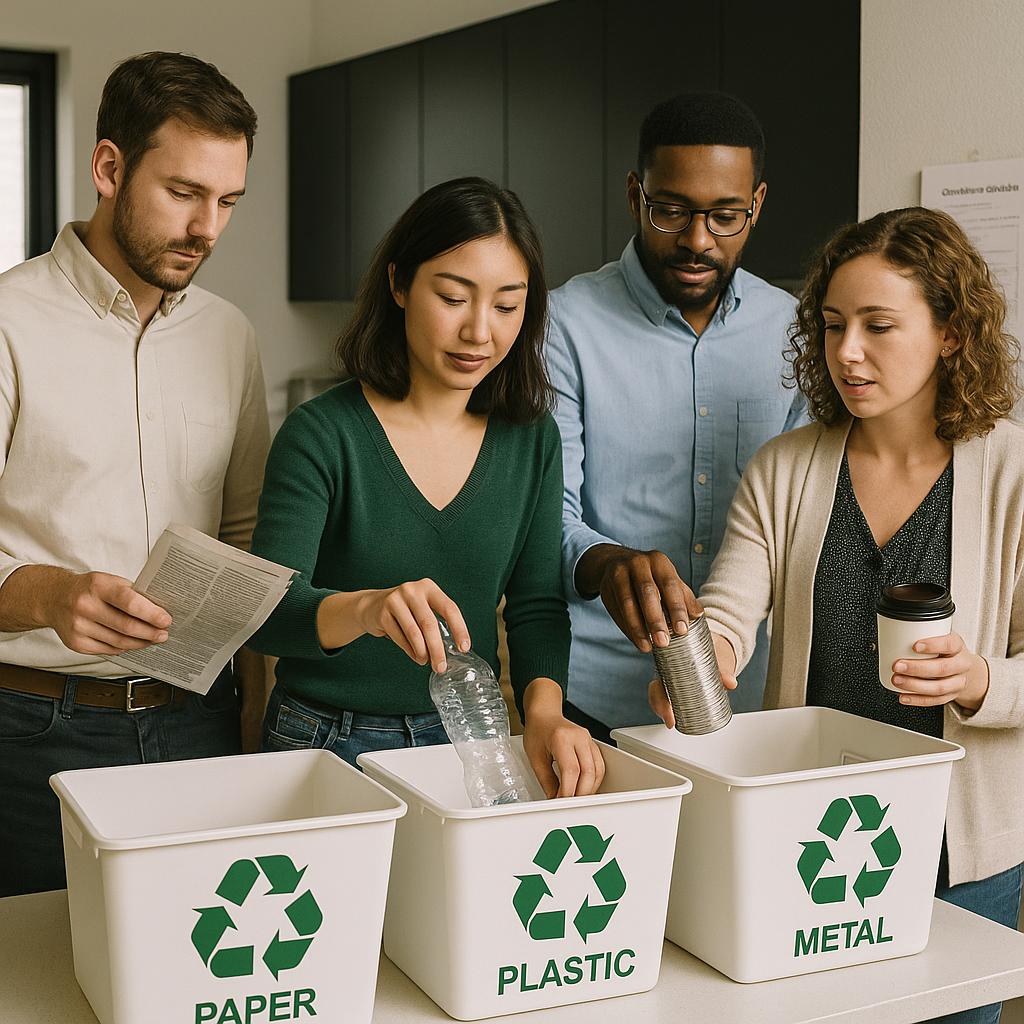 Office Employees Recycling Waste Business employees sorting waste into labeled recycling bins in an office kitchen, with a compliance checklist on the nearby wall.