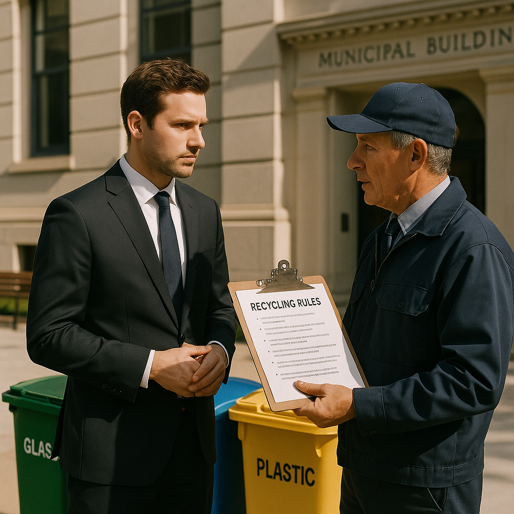 Discussion on Recycling Rules Business manager discussing recycling rules with local official in front of a municipal building, recycling containers nearby.