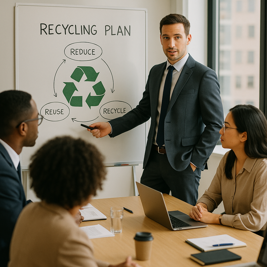 Business manager leading a team meeting, pointing to a recycling plan on a whiteboard, with employees listening attentively in a bright office.