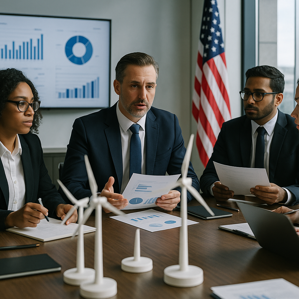 Business Meeting on Policy Discussion with Wind Turbine Models Business meeting in a conference room featuring charts and wind turbine models, with professionals discussing documents and a US flag visible.