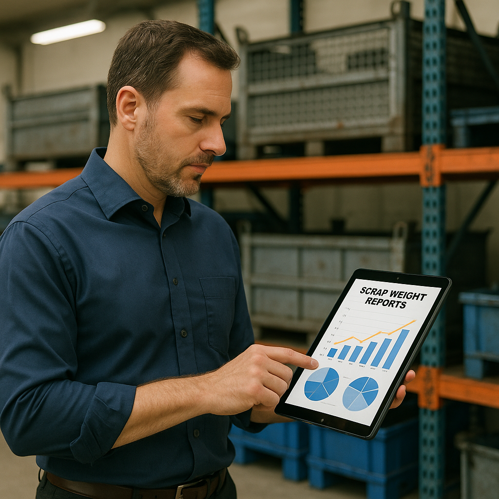 Business owner reviewing scrap weight reports on tablet in front of organized metal storage.
