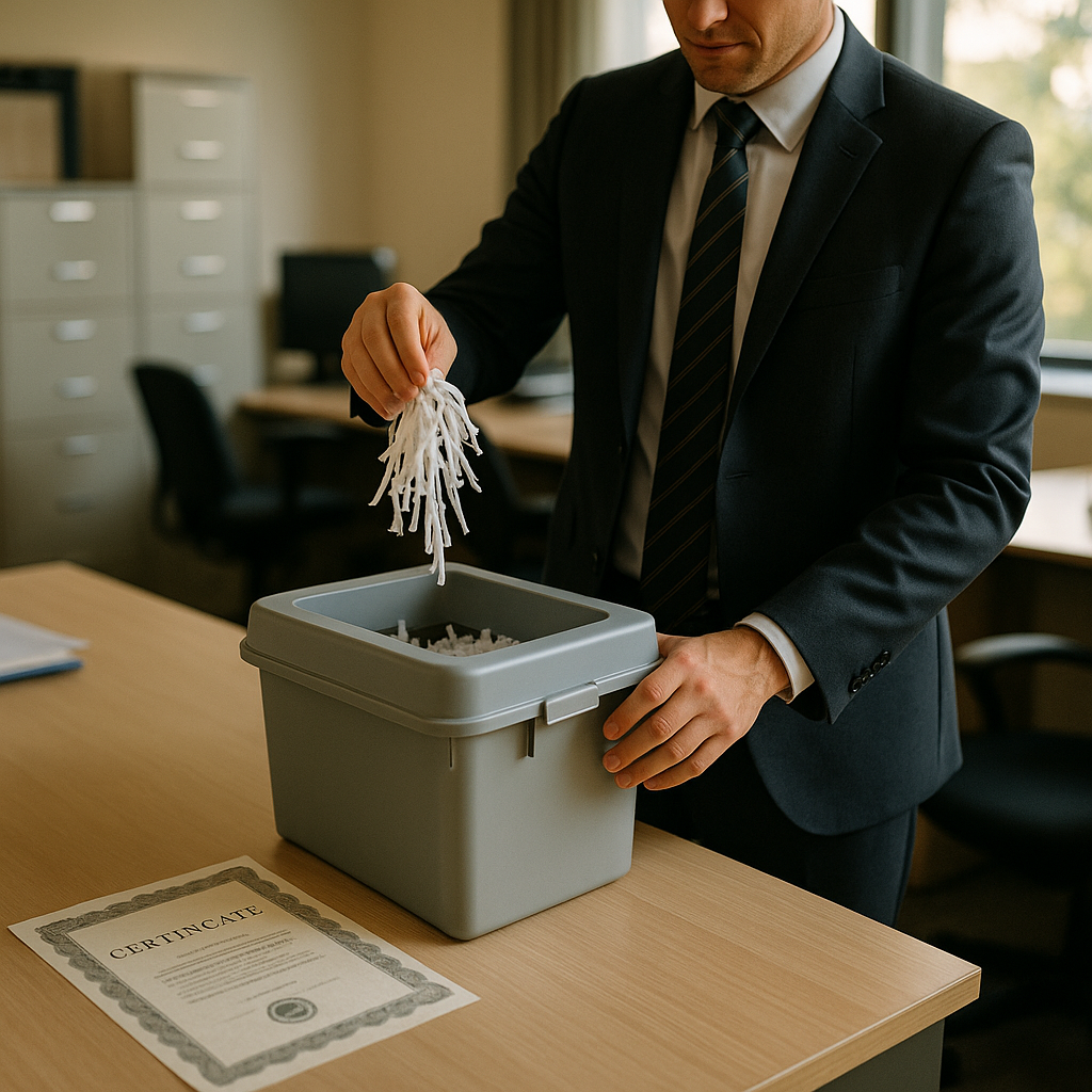 Document Shredding for Security Business professional placing shredded documents into a secure bin with a visible certificate document in the foreground, emphasizing security and trust.