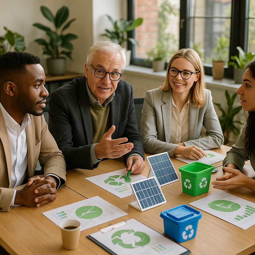 Eco-Friendly Business Meeting Diverse group of business professionals discussing eco-friendly plans around a conference table with solar panel models, recycling bins, and documents in a sustainable office.