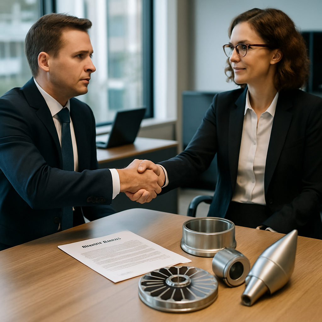 Business Professionals Collaboration in Aerospace Business professionals shaking hands across a table with aerospace parts and a contract in a modern office setting.
