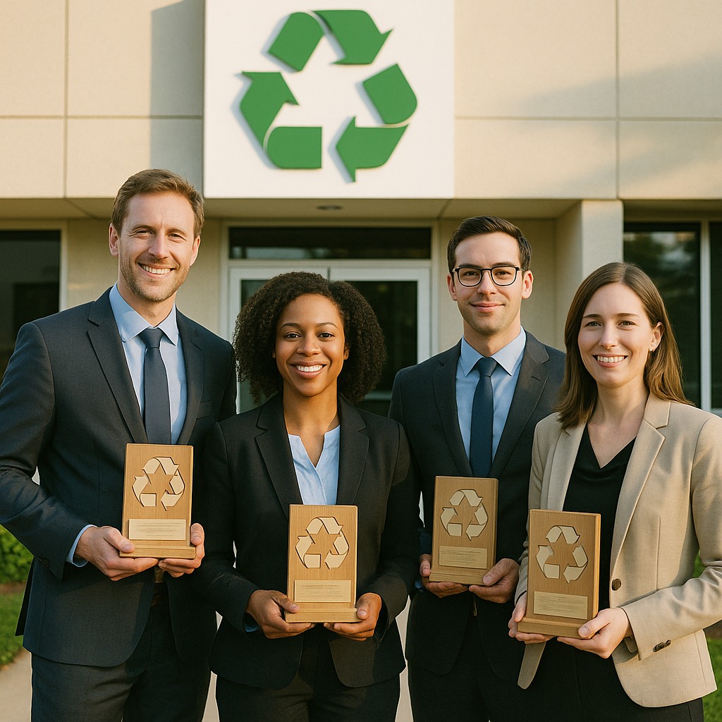 Business Team with Eco-Friendly Awards Business team posing in front of a company building displaying a recycling logo, holding eco-friendly awards with proud expressions.