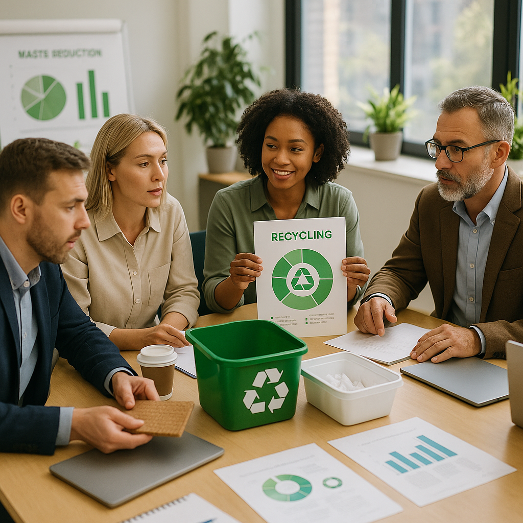 Business Team Discussing Waste Reduction Business team gathered around a table reviewing recycling bins, reusable materials, and waste reduction charts in a bright office.