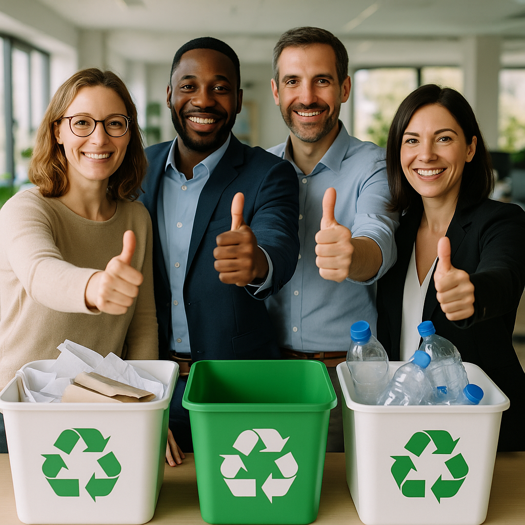 Team Advocacy for Recycling Business team smiling and giving thumbs up around recycling stations, with bins filled with sorted materials in a bright office.