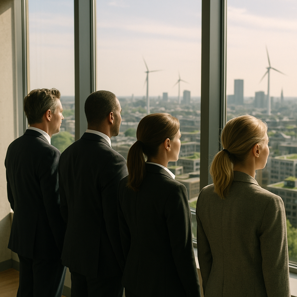 Business Team Inspired by Sustainable Skyline A business team looking out at a city skyline featuring green roofs and wind turbines, indicating a sustainable future.