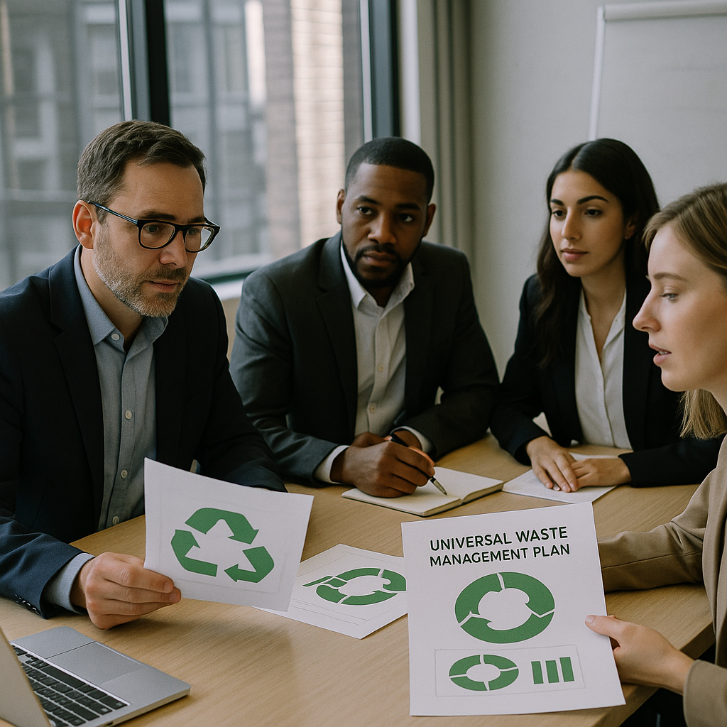 Business team reviewing universal waste management plan with charts and recycling symbols in a modern office.