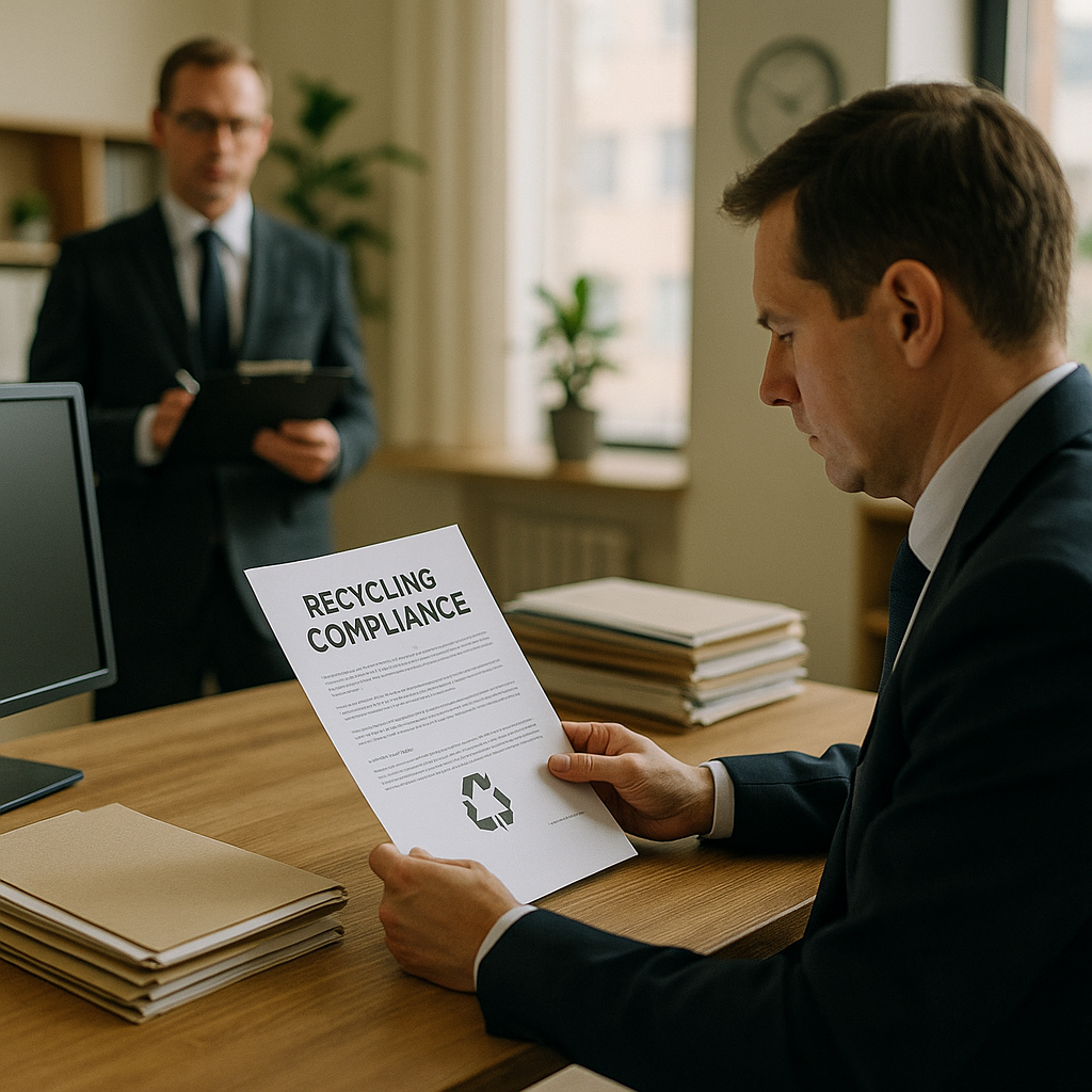 Businessperson and Government Inspector Reviewing Compliance Documents Businessperson reviewing official recycling compliance documents at desk, government inspector visible in background.