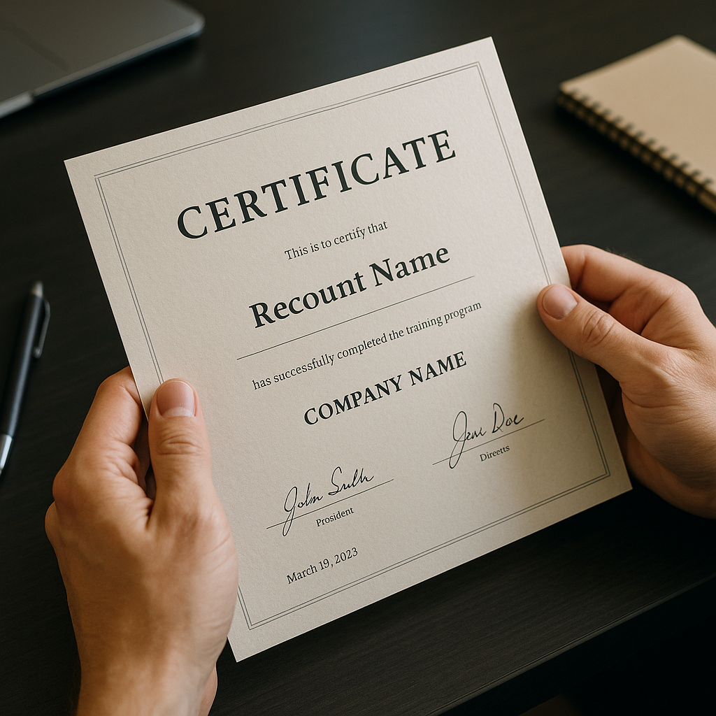 Close-up of Hands Holding a Certificate Close-up of hands holding an official certificate document on a desk with visible important data like dates, company name, and signatures.