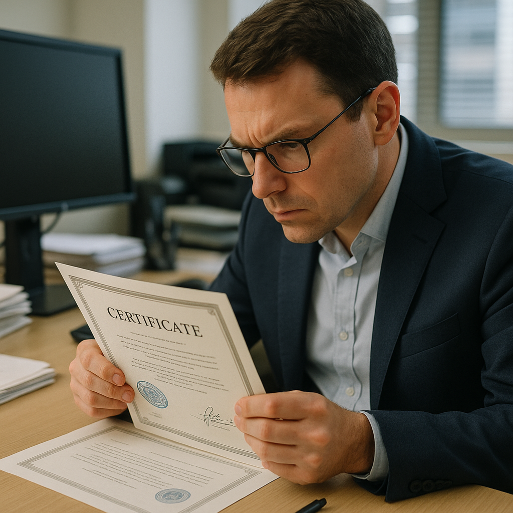 Reviewing a Certificate for Authenticity Person carefully reviewing a certificate document for authenticity, checking stamps and signatures under bright office lighting.