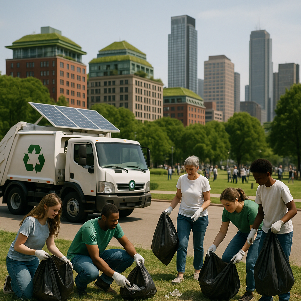 Community Cleanup Day in a Sustainable City City skyline with solar-powered recycling trucks and green roofs, showing community members participating in cleanup activities on a bright day.