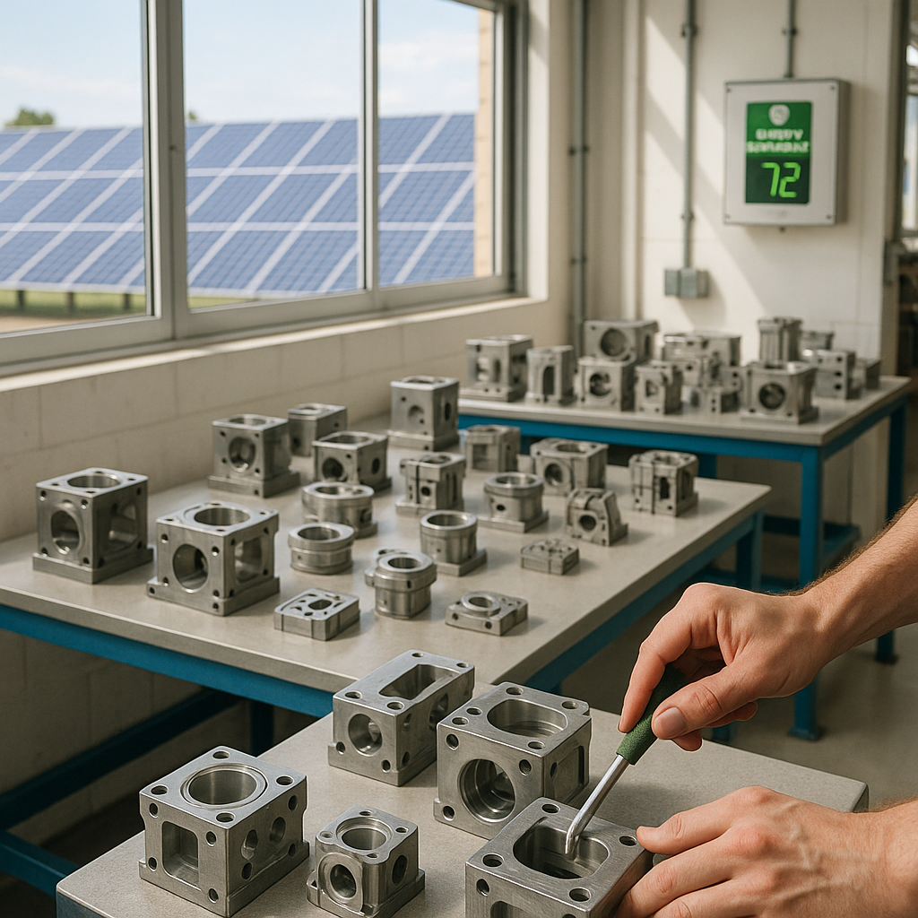 Clean Factory with Sustainable Practices Clean factory environment featuring recycled CNC machine parts with solar panels and clear skies visible through windows.