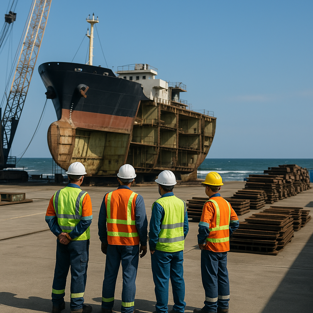 Eco-Friendly Shipbreaking Facility Workers in safety equipment overseeing eco-friendly shipbreaking processes at a modern facility by the coast under a blue sky.