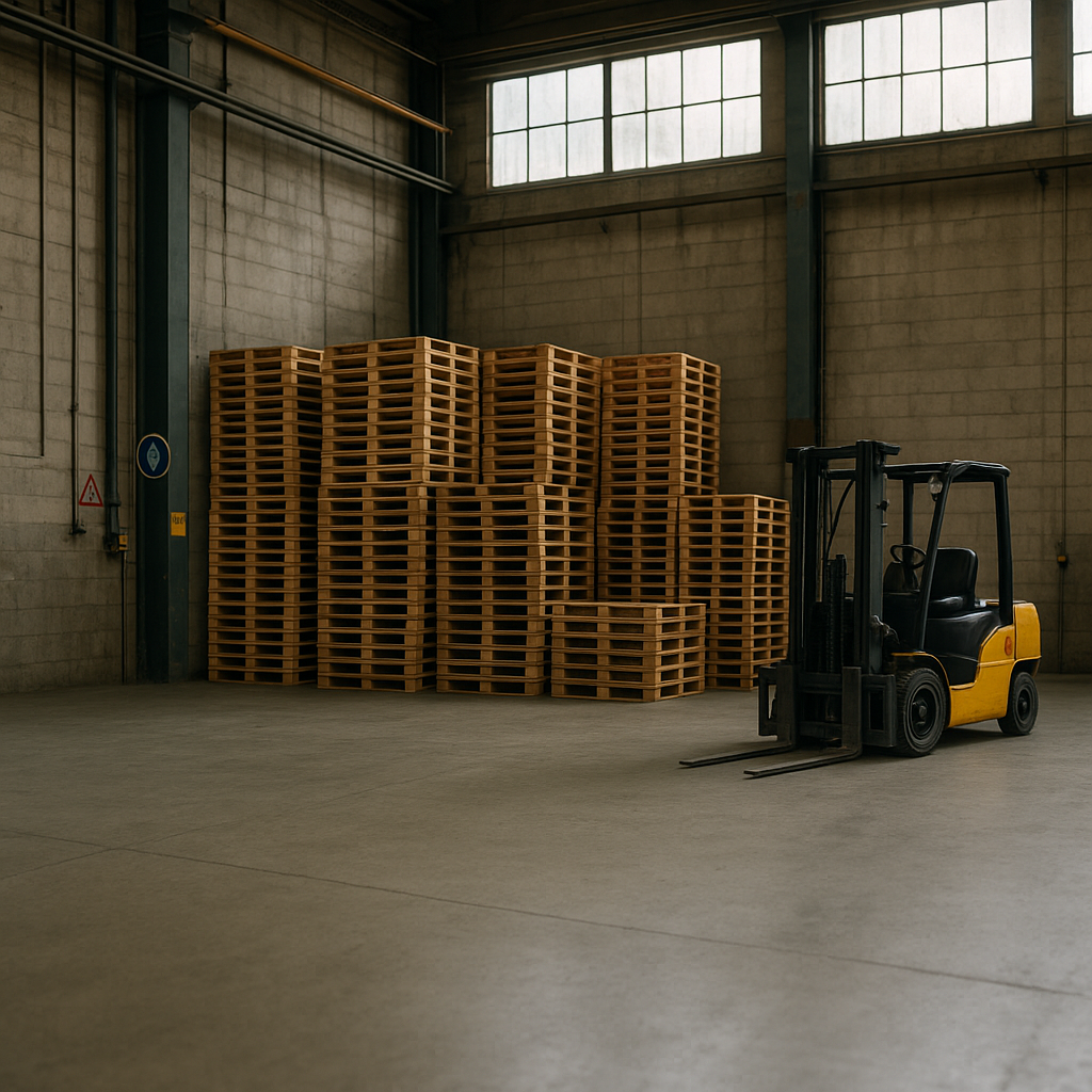 Clean and organized industrial warehouse after scrap removal, showcasing tidy pallets and open floor space.