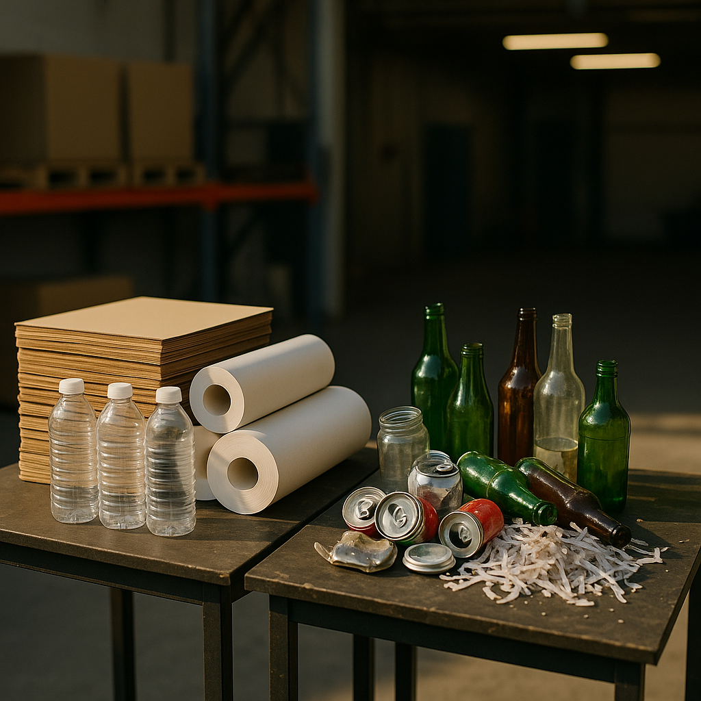 Comparison of Pre-Consumer and Post-Consumer Materials A side-by-side comparison of clean, sorted pre-consumer materials on one table and mixed, used post-consumer items on another table.