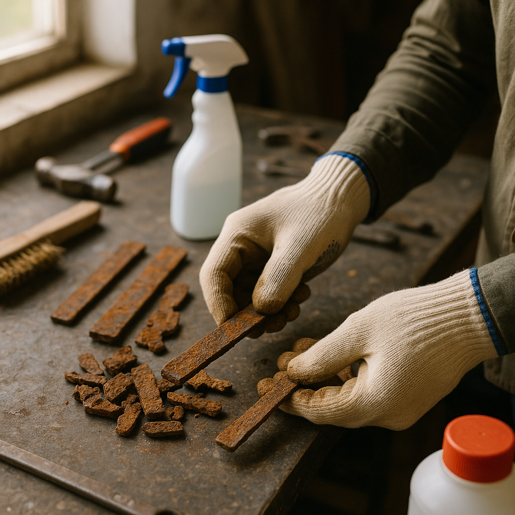 A person wearing gloves cleaning and separating rusty metal pieces on a workbench with visible tools and cleaning supplies.
