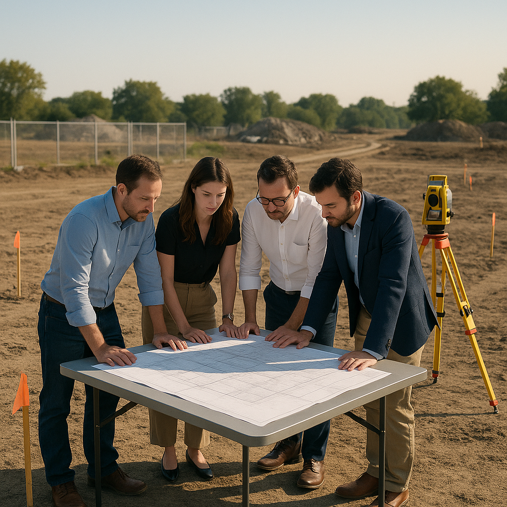 Future Development Planning on Cleared Land Empty cleared land where a substation once stood, with planners examining blueprints under a clear sky.