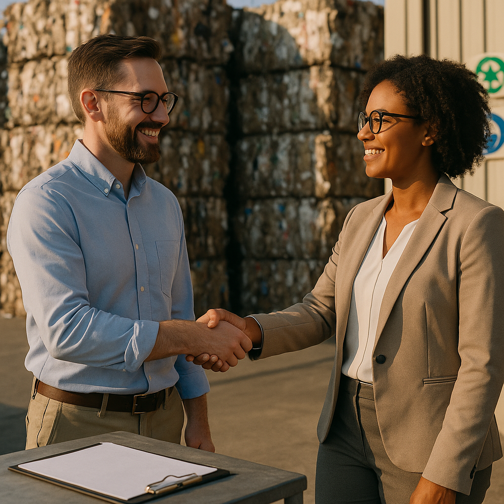 Colleagues Shaking Hands at Eco-Friendly Facility Colleagues shaking hands in front of stacked recycled materials at an eco-friendly facility, conveying a sense of accomplishment.
