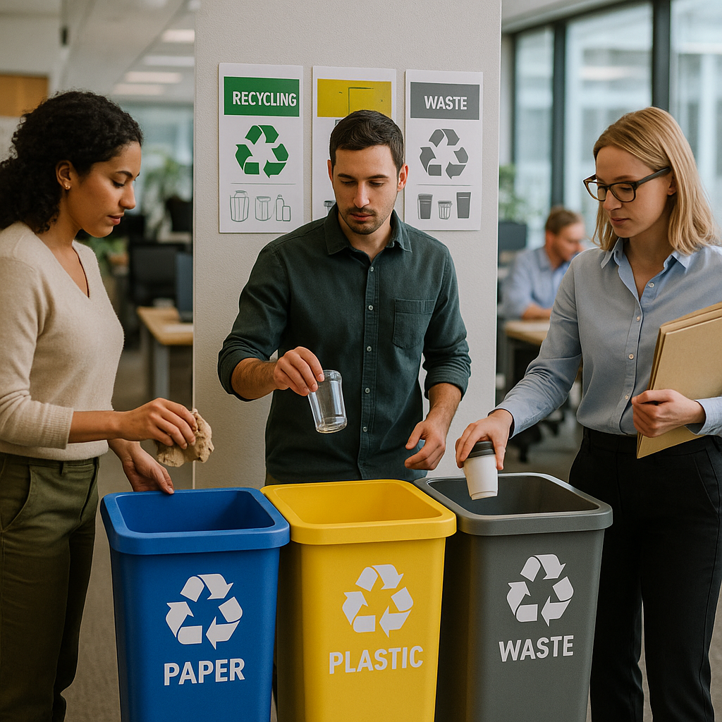 Color-Coded Recycling Stations in Office Close-up of color-coded recycling stations in a busy office with employees sorting waste and recycling posters in the background.
