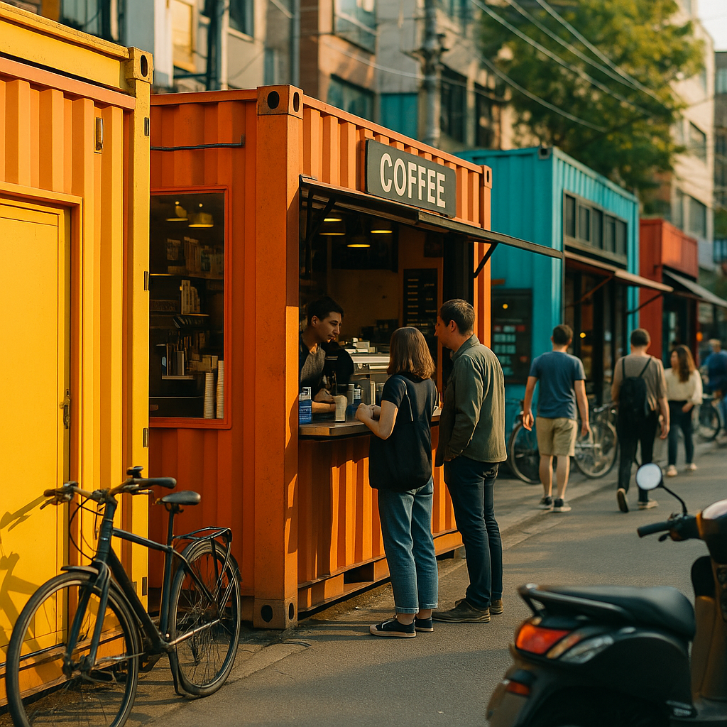 Colorful Shipping Containers as Cafes Colorful shipping containers repurposed as small shops and cafes with customers ordering coffee in a vibrant urban street scene.