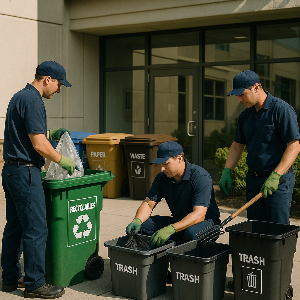 Efficient Waste Sorting at Commercial Building Commercial building exterior featuring organized waste bins with workers sorting recyclables and general waste, depicting a clean environment.