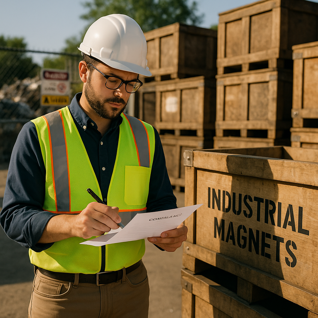 Compliance Officer at Recycling Facility Compliance officer inspecting paperwork beside shipping crates labeled 'industrial magnets' at a regulated recycling facility