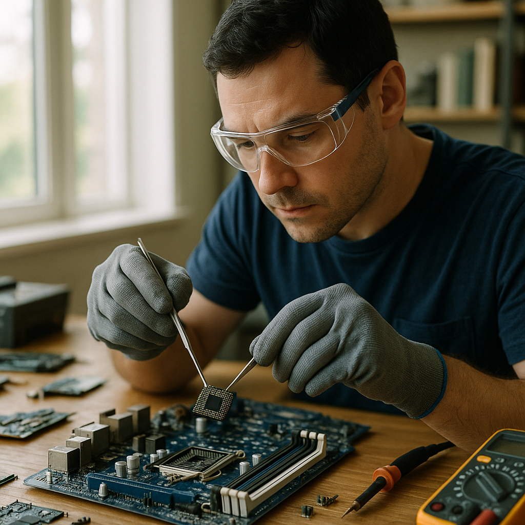 Technician Removing Computer Chips A person wearing safety goggles and gloves carefully removing computer chips from a motherboard using tools in a well-lit workspace.