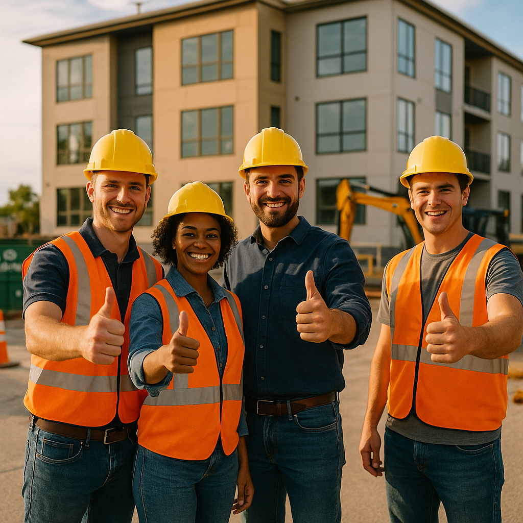 Confident Construction Team at Organized Site Confident construction team standing in a clean, organized site with clear recycling areas, showing thumbs up and smiling, with a new building in the background.