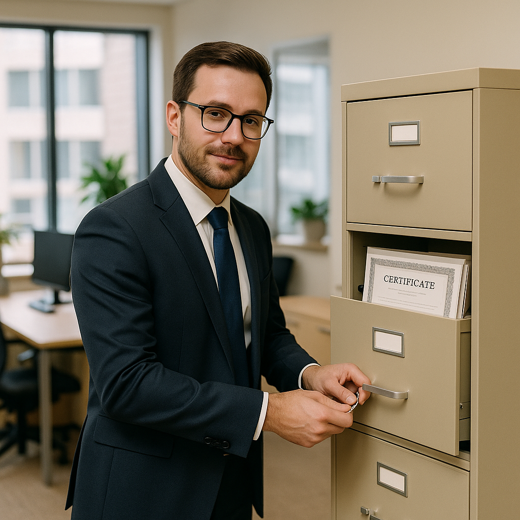Manager Securing Documents Confident manager locking secure file cabinets containing certified documents in an office environment, conveying a sense of safety and completion.