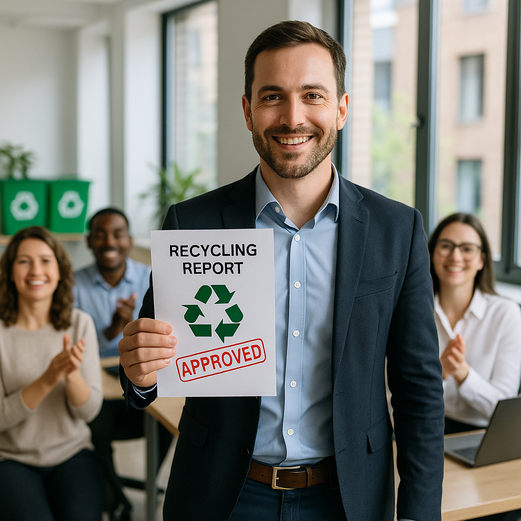 Confident Manager with Recycling Report Confident manager holding an approved recycling report with pleased coworkers in a bright office, featuring green recycling bins and natural light.