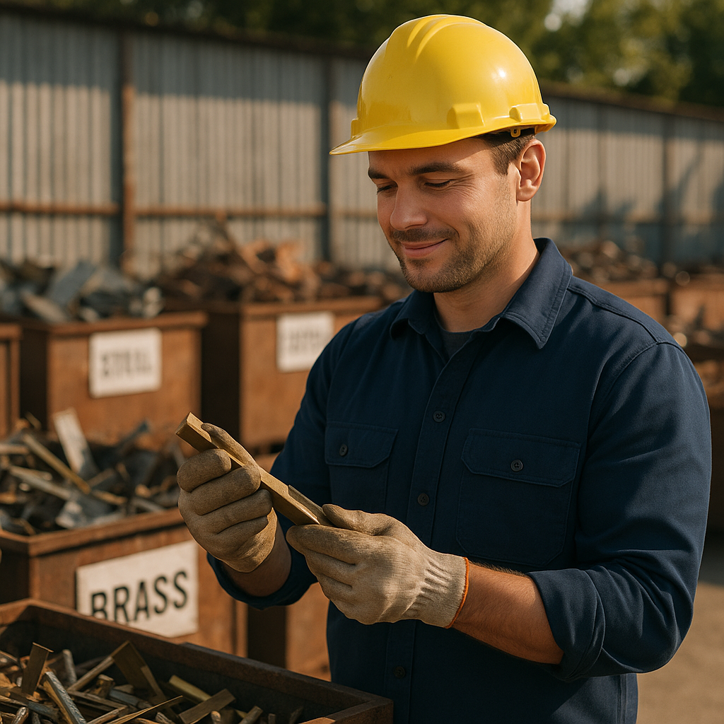 Confident worker examining assorted labeled scrap metals at a recycling center, with organized bins in the background.
