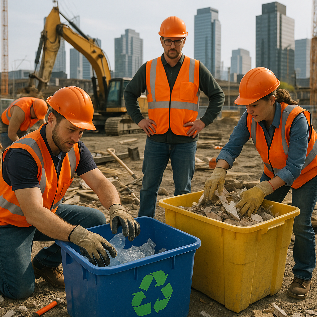 Construction crew sorting recyclables from debris on-site with a supervisor overseeing the process in an urban setting.