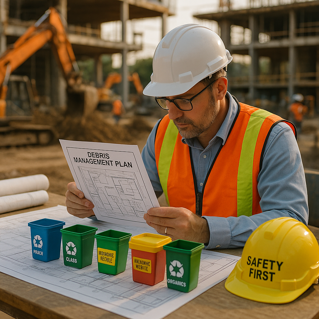 Construction manager at debris management plan review Construction manager reviewing debris management plan with blueprints and safety gear on an active construction site.