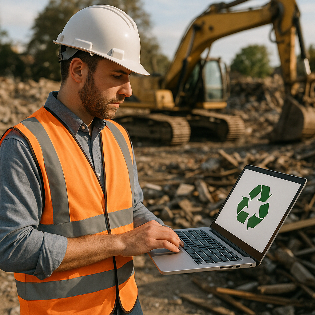 Construction Manager at Demolition Site Construction manager in safety vest using a laptop at a demolition site, reviewing recycler options with debris and machinery in background.