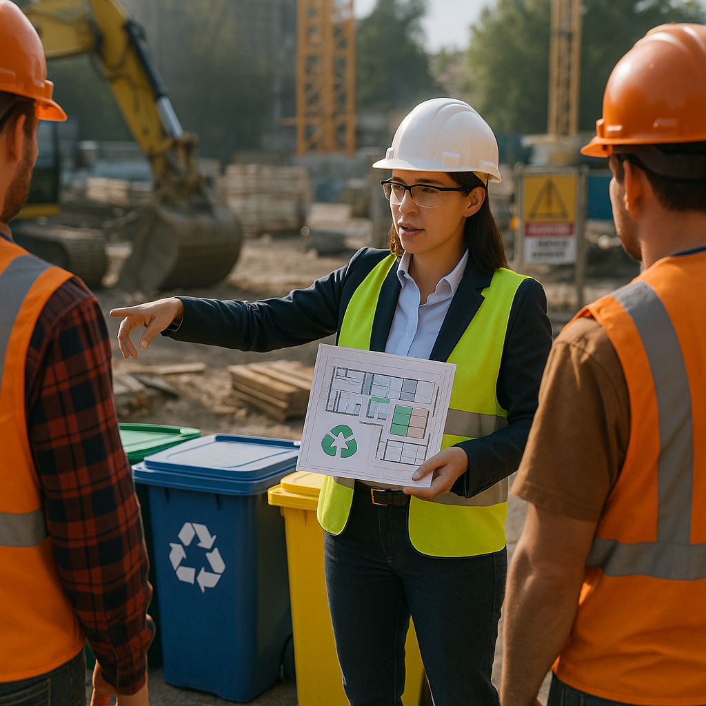 Project Manager Instructing on Recycling Procedures Project manager instructing construction crew on recycling procedures using a site map and color-coded bins at a realistic worksite environment