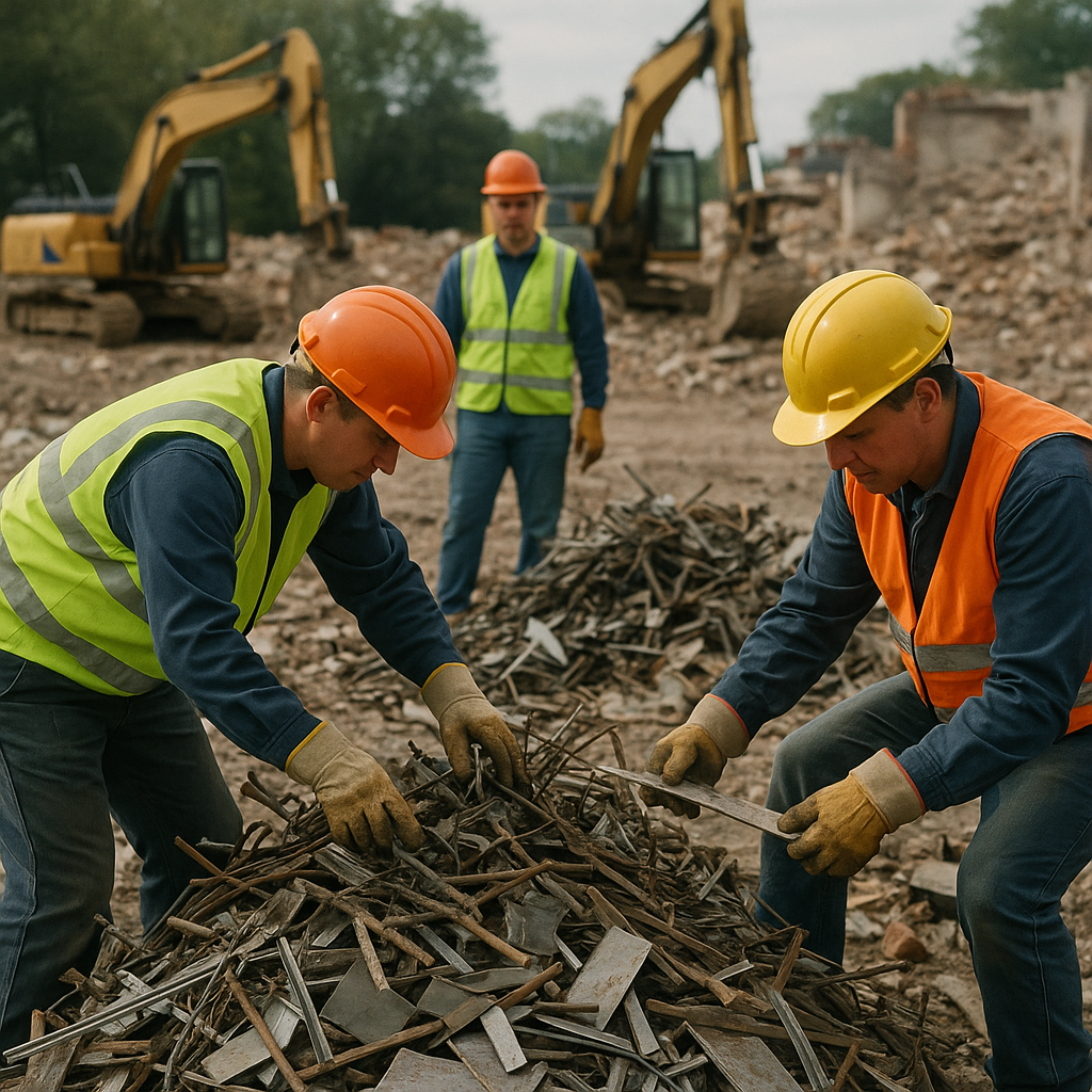 Workers Organizing Scrap at Demolition Site Construction workers in safety gear sorting metal scrap and debris on a demolition site, with organized piles and excavators in the background during daylight.
