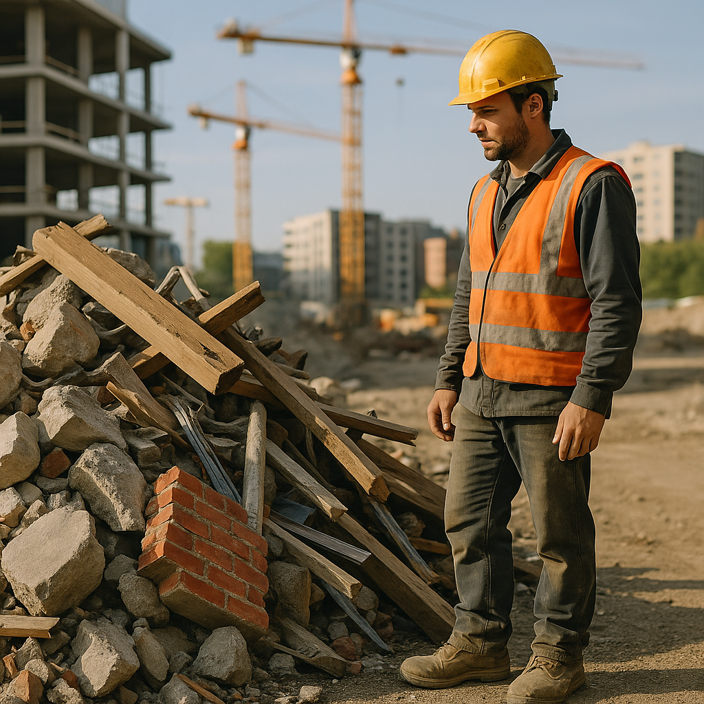 A pile of construction site debris with mixed materials including concrete chunks, wood beams, metal scraps, and a partial brick wall in a realistic urban setting during daylight.