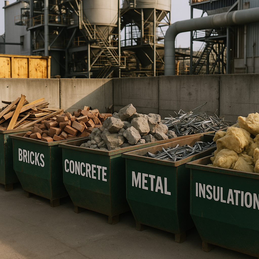 A variety of construction materials including wood, bricks, concrete, metal, and insulation sorted into labeled bins at a disposal facility with an industrial background.