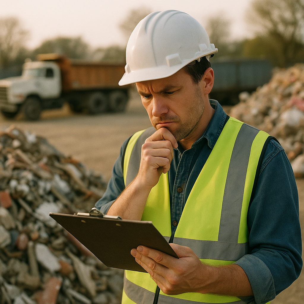 Foreman at Construction Site Construction site with unsorted debris pile and a puzzled foreman reviewing a clipboard, with trucks and containers in the background.