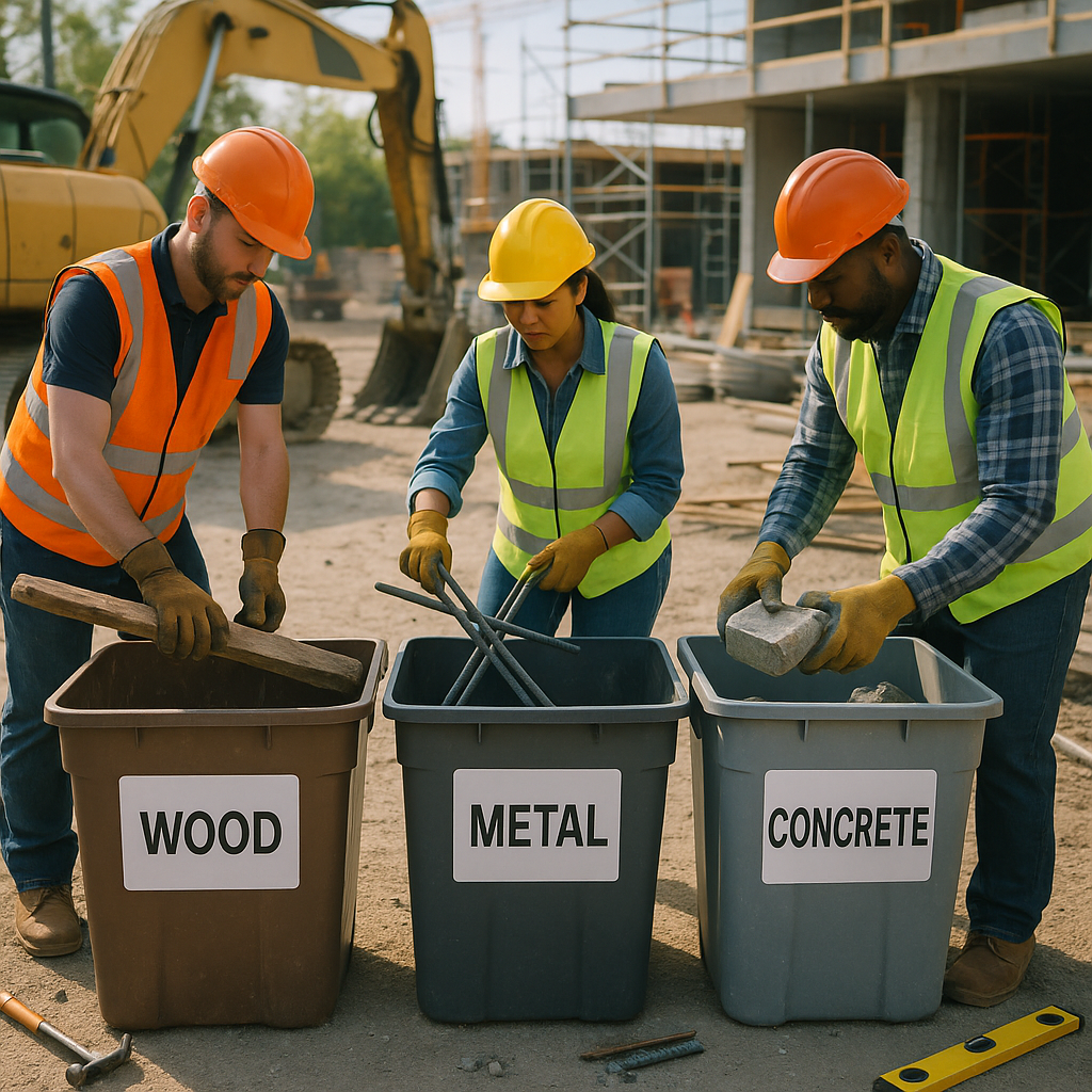 Construction Site Recycling Sorting Construction site workers sorting wood, metal, and concrete into labeled recycling bins in bright daylight.