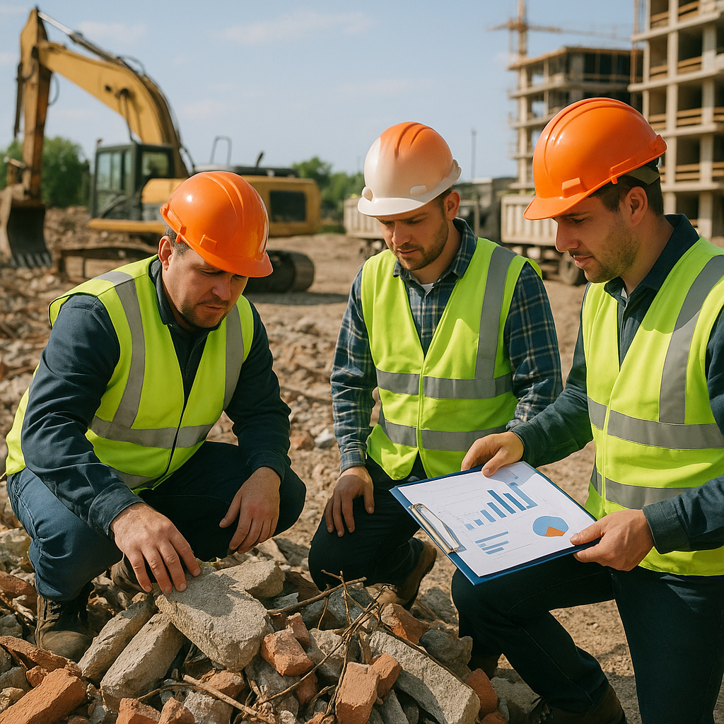 Construction workers examining a pile of debris on a building site with one holding a clipboard and trucks in the background on a sunny day.
