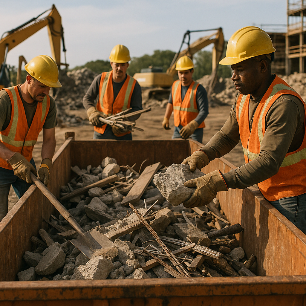 Construction workers loading broken concrete, wood, and metal scraps into a large dumpster at an active job site with industrial machinery visible.