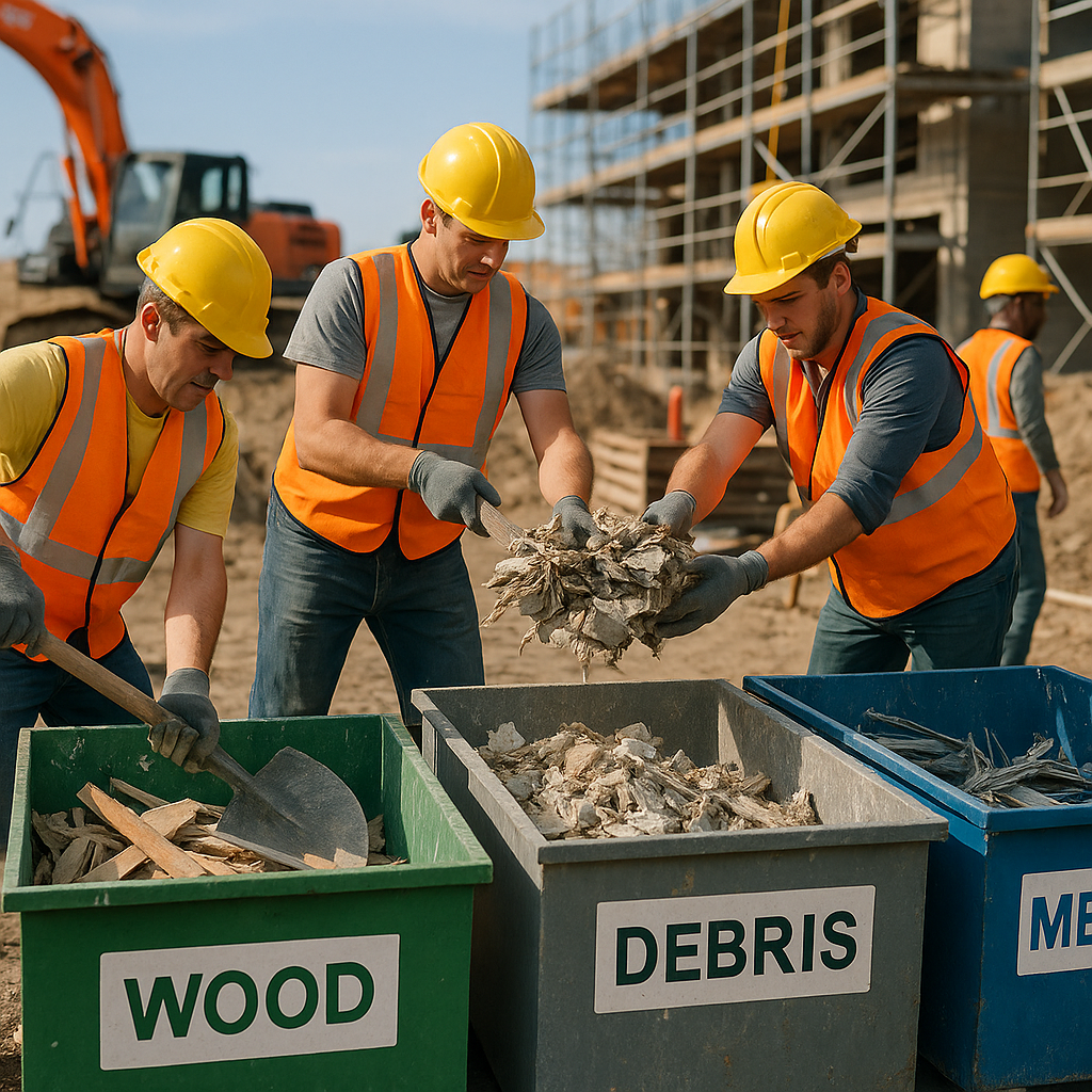 Construction workers sorting debris into labeled bins on an active construction site under a clear sky, wearing safety gear.