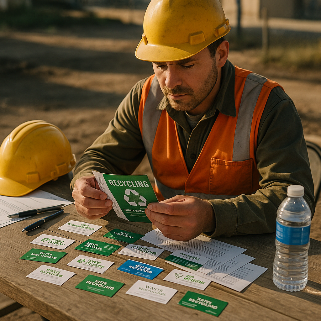 Contractor comparing business cards and brochures from recycling companies at a job site table, with a hard hat nearby.