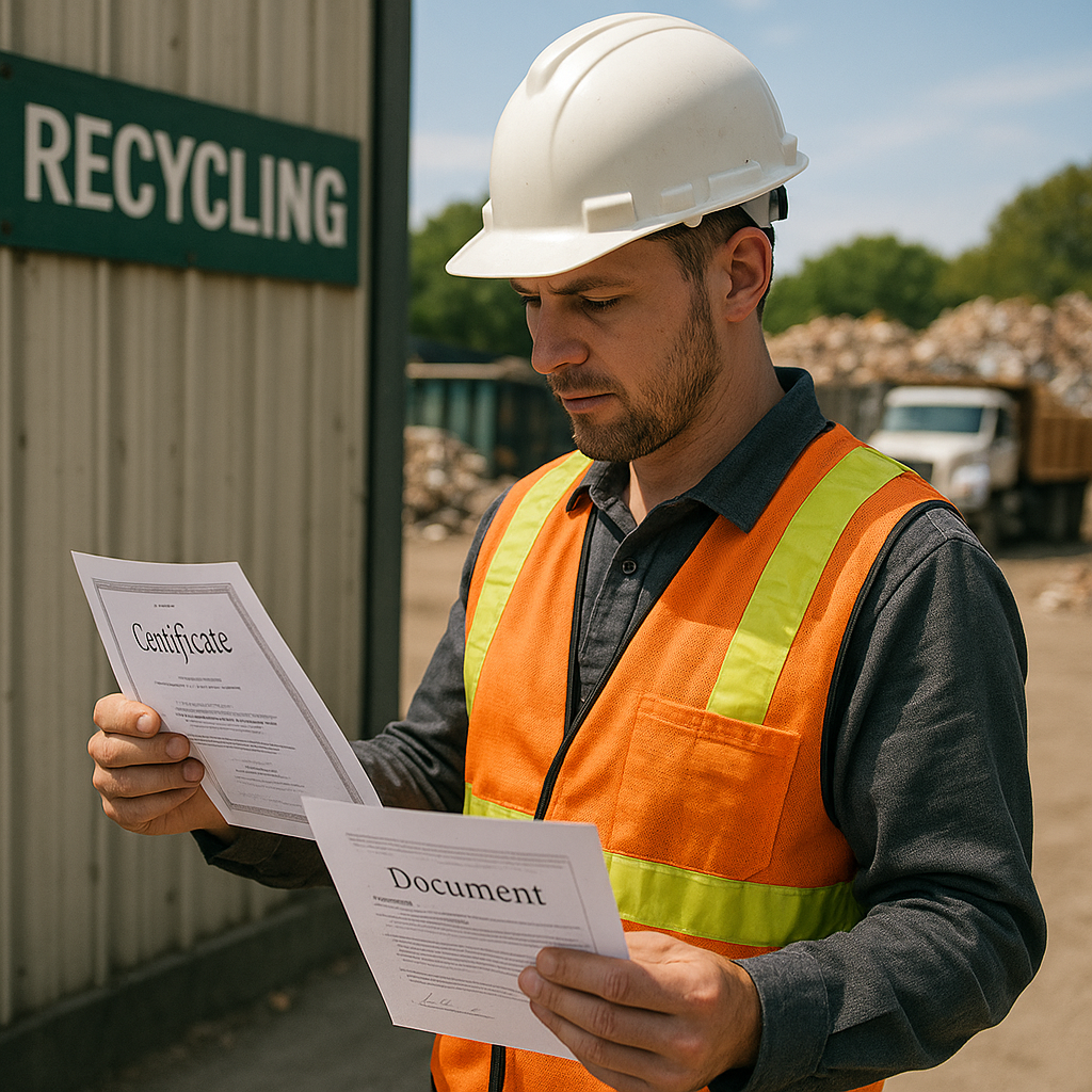 Contractor at Recycling Facility Contractor comparing documents and certifications at the entrance of a recycling facility, with trucks and sorted construction debris visible.