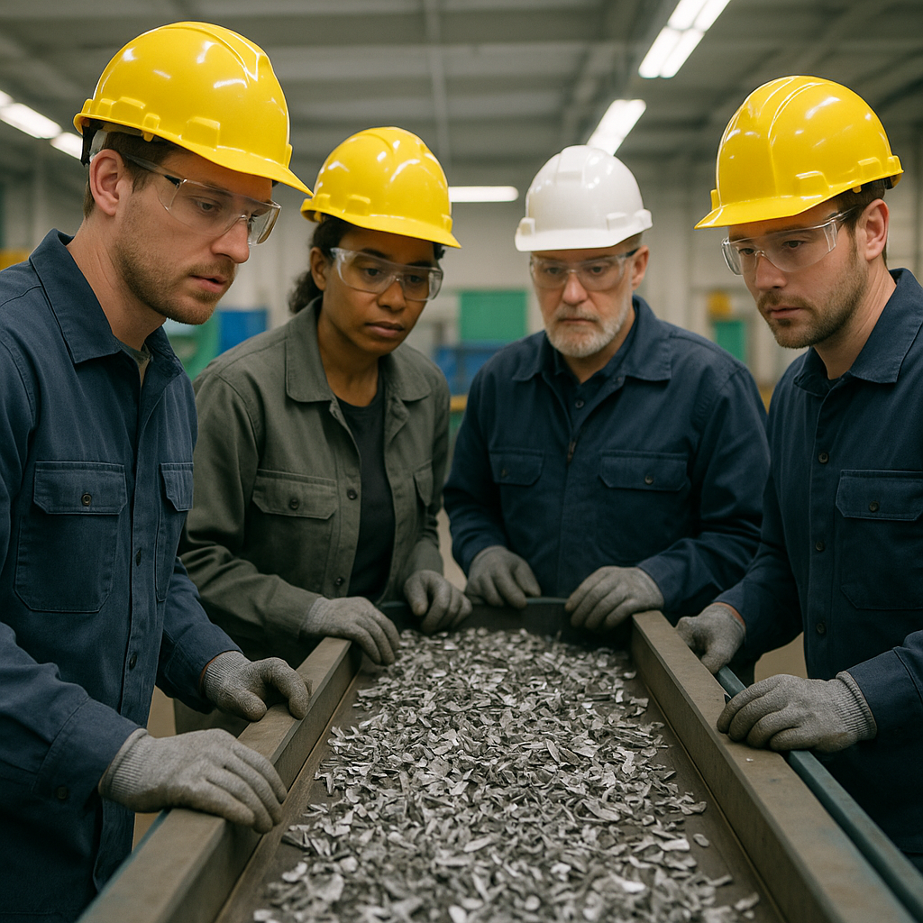 Shredded Metal Sorting in Recycling Plant Conveyor belt carrying shredded metal pieces in a tidy recycling plant with workers monitoring the process.