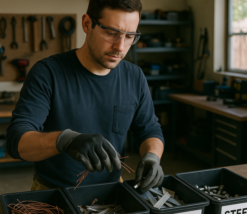 Person wearing gloves and safety glasses separating copper, aluminum, and steel into labeled bins in a tidy workshop.