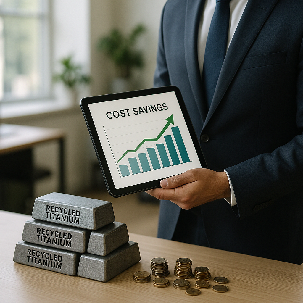 Business Professional Examining Cost Savings Chart Business professional examining a cost savings chart beside recycled titanium ingots and coins on a table in a well-lit office.
